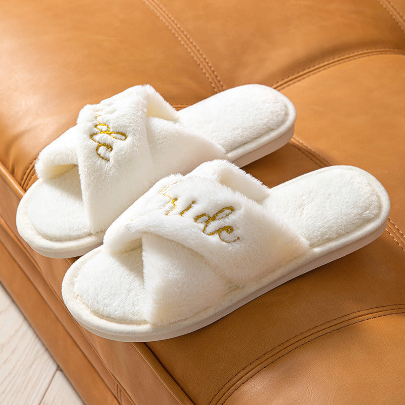 White Fur Cross Interior Home Cotton Slippers